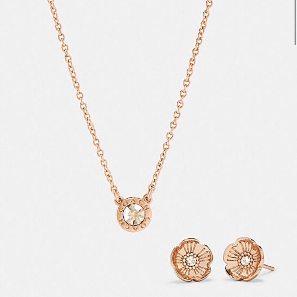 Coach Rose Gold Open Circle Necklace & Tea Rose Stud Earring Set NWT - Picture 4 of 8